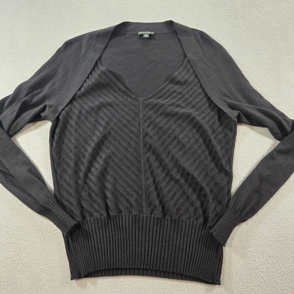 Lafayette 148 Sweater Womens M Black Cashmere Silk V-Neck Chevron Layered Knit